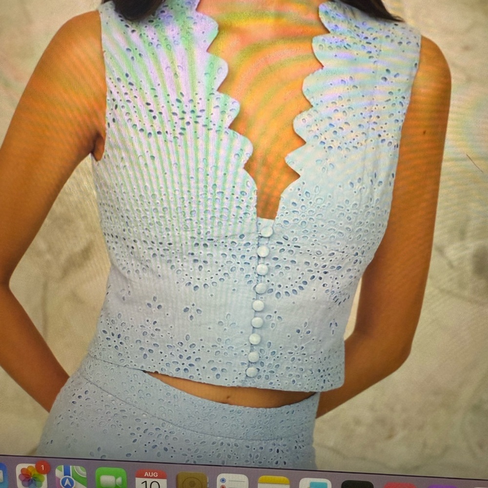 Commense Scalloped Eyelet Sleeveless Blouse in Soft Blue